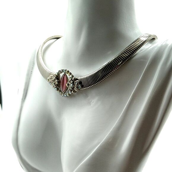 Silver-tone Flat Snake Chain with faux Gemstone & AB Rhinestones 16" Choker - Picture 8 of 13